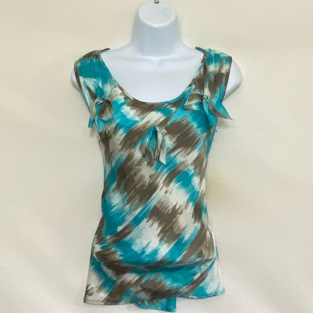 B-181 Zac & Rachel Teal‎ Brown & Cream Sleeveless Blouse Size XL